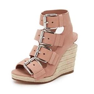 Auth Alexander Wang JO Buckle Espadrille Wedges size 7 Tan Nubuck silver buckle
